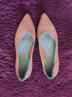Rothy's Pointed Knit Flats in Orange and Light Blue Trim